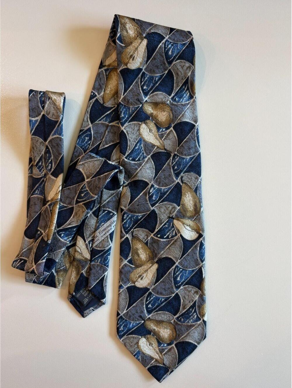 Ermenegildo Zegna Tie Silk Navy Blue Grey Gold Pear Italy